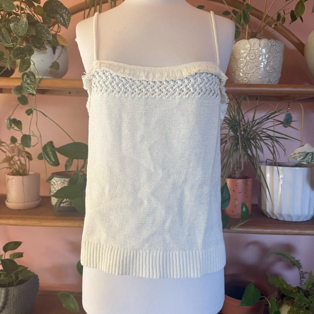 Lou & Grey Cream Fringe Knit Women's Camisole Cross-Strap Sleeveless Top XXL NWT